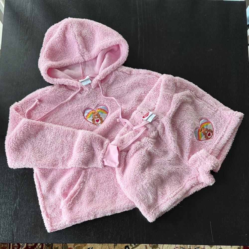 New Care Bears Soft Pink Fuzzy 2pc Lounge Set Hoodie & Shorts Set Hearts Design